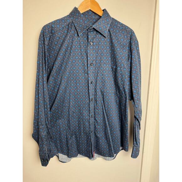 Johnston and Murphy Button Gray Long sleeve Men’s Shirt L Blue Circle Pattern - Picture 1 of 9